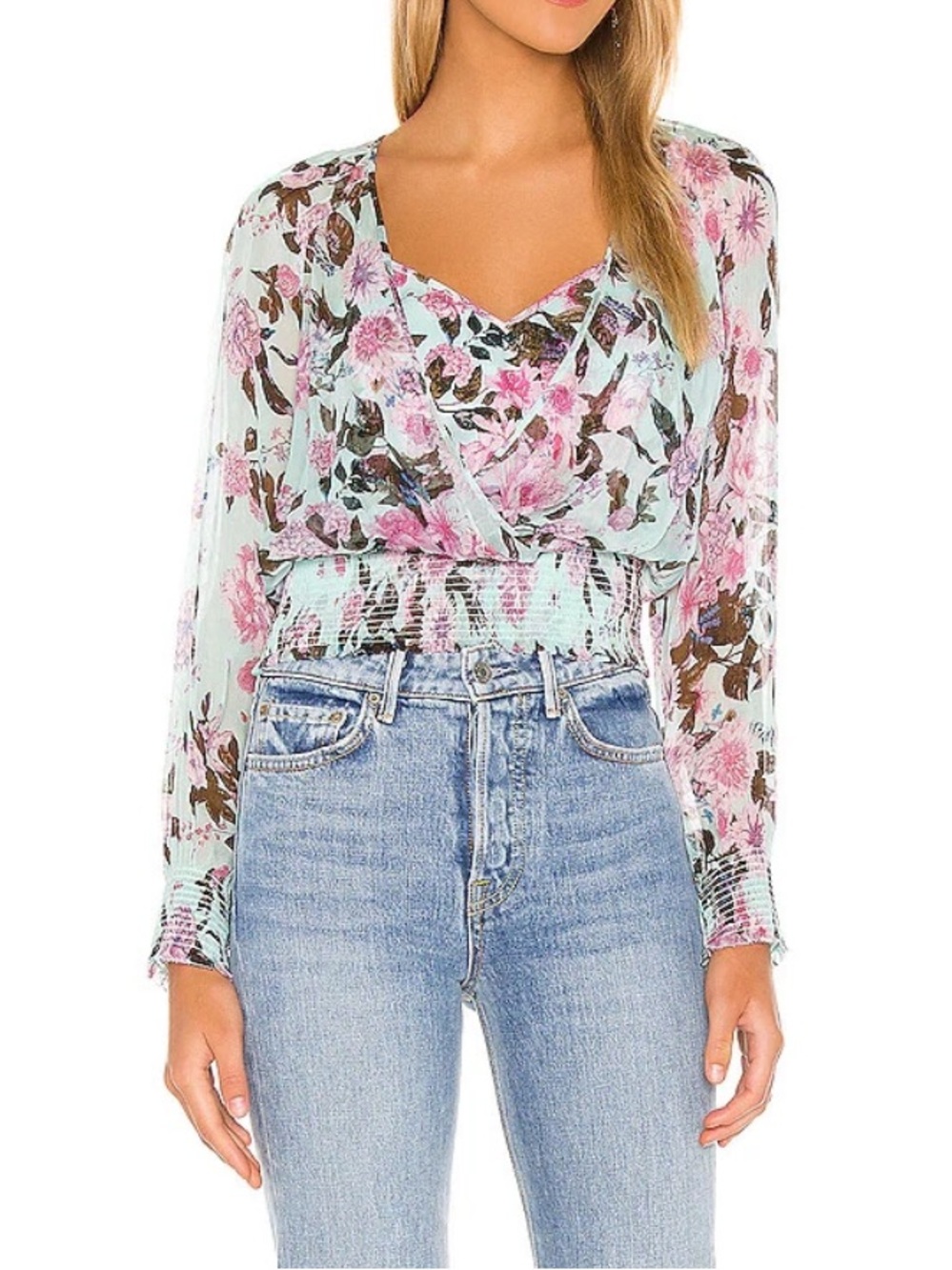 DIANE VON FURSTENBERG RAMONA FLORAL PRINT SILK LONG SLEEVE BLOUSE LILAC Medium